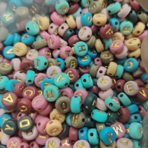 alphabet beads a z (7 x 4mm) matte pastel with gold letters 100pcs random mix 1